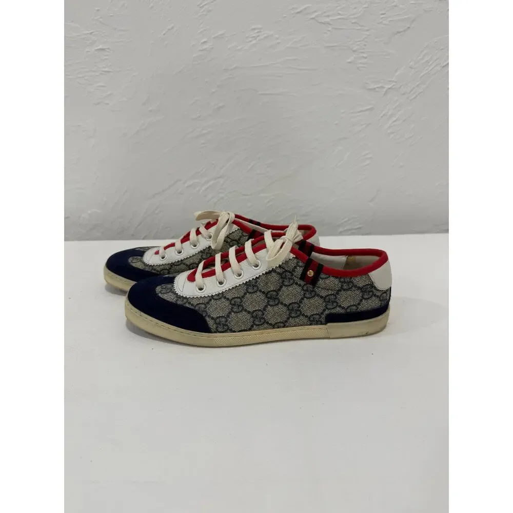 Gucci Beige GG Coated Supreme Canvas Suede Barcelona Low-Top Sneakers Size 37 - Picture 3 of 5
